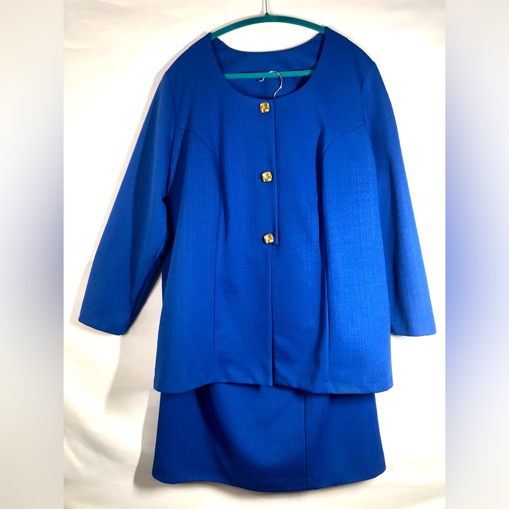 Vintage Style Setter Fashions Polyester Blue Suit Skirt Shoulder Pad 3 Button L